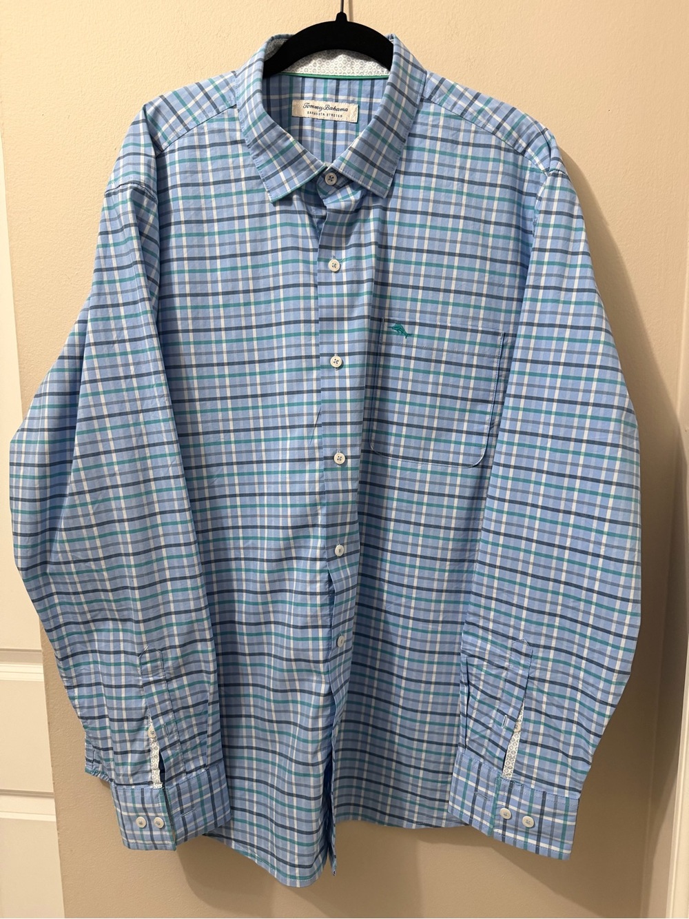 Tommy Bahama Shirt Men's XL Sarasota Stretch Flip Cuff Long Sleeve Blue Plaid